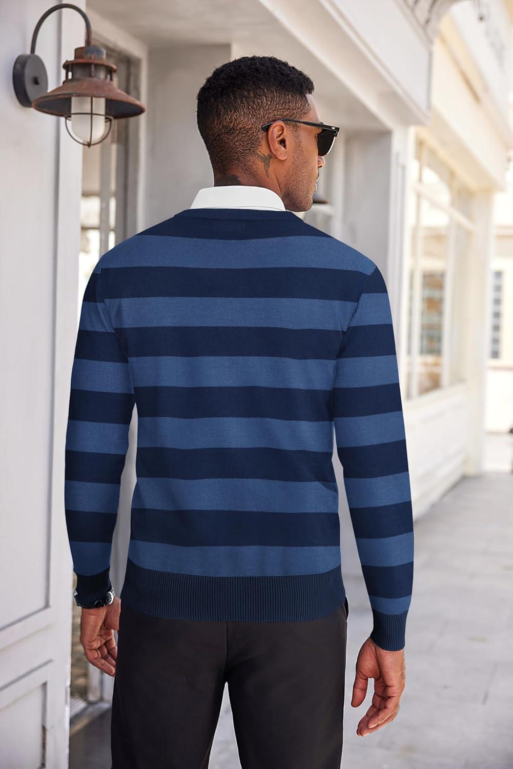 imageCOOFANDY Mens V Neck Sweater Lightweight Knitted Pullover SweatersNavystriped