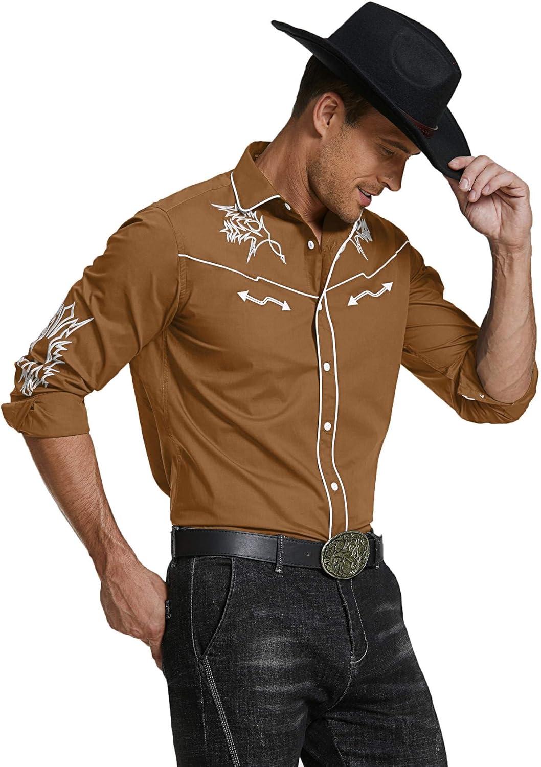 imageCOOFANDY Mens Western Cowboy Shirt Long Sleeve Embroidered Shirt Slim Fit Cotton Casual Button Down ShirtLight Brown