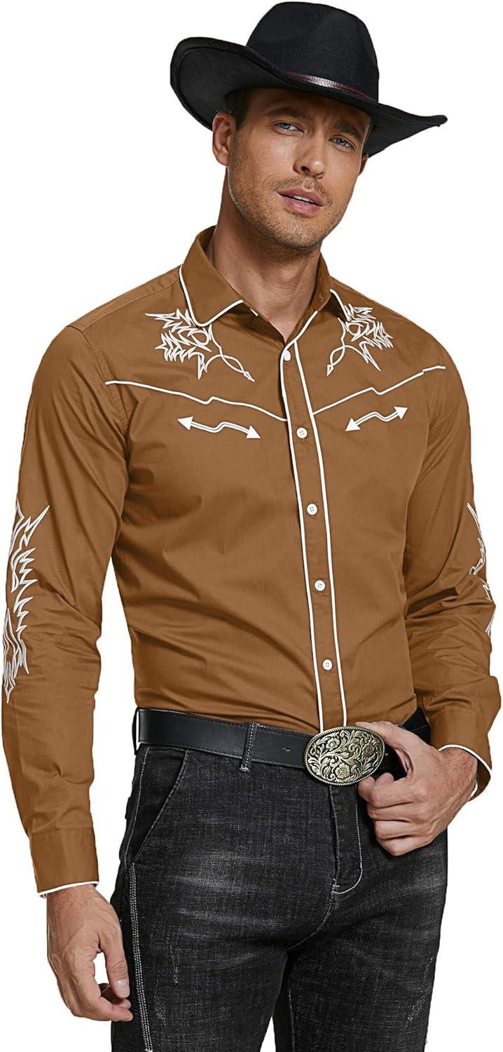 imageCOOFANDY Mens Western Cowboy Shirt Long Sleeve Embroidered Shirt Slim Fit Cotton Casual Button Down ShirtLight Brown