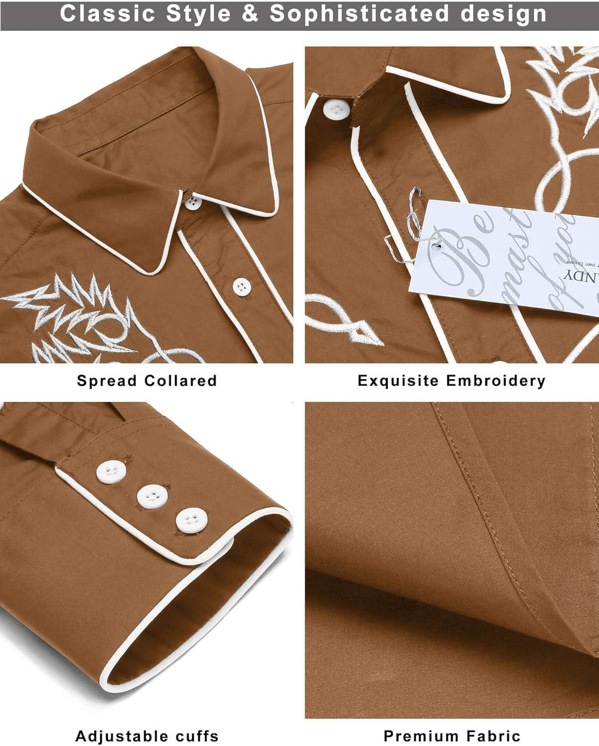 imageCOOFANDY Mens Western Cowboy Shirt Long Sleeve Embroidered Shirt Slim Fit Cotton Casual Button Down ShirtLight Brown