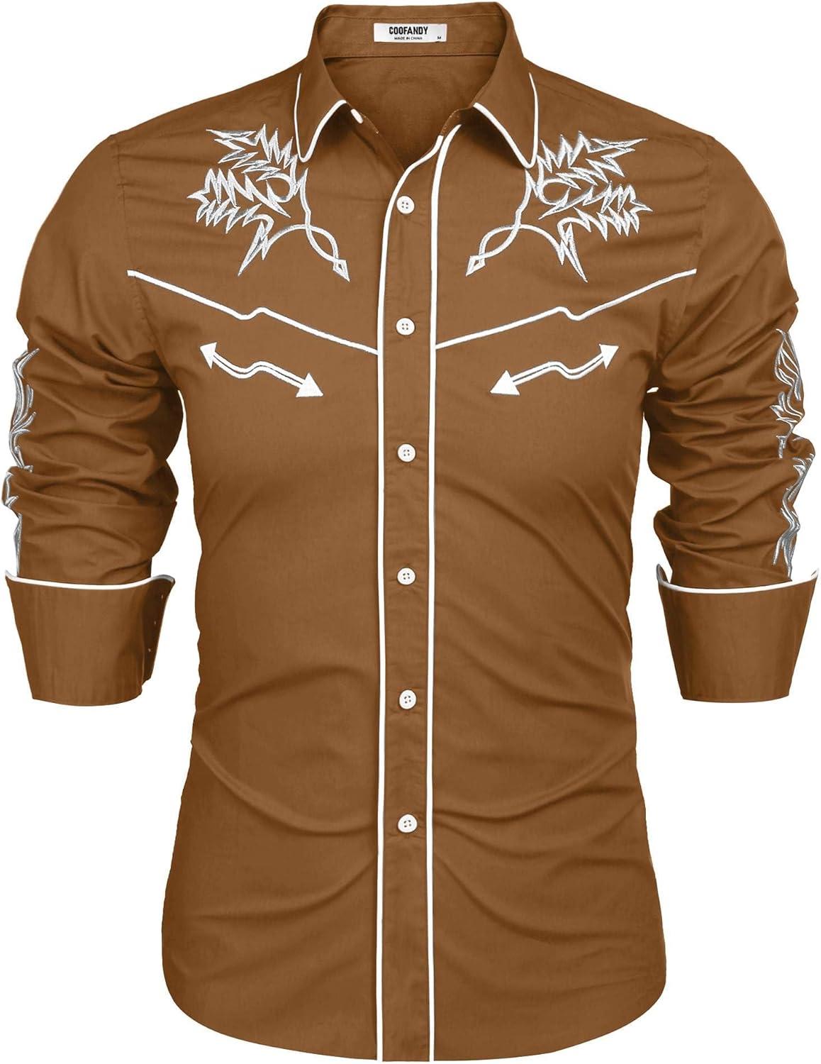 imageCOOFANDY Mens Western Cowboy Shirt Long Sleeve Embroidered Shirt Slim Fit Cotton Casual Button Down ShirtLight Brown