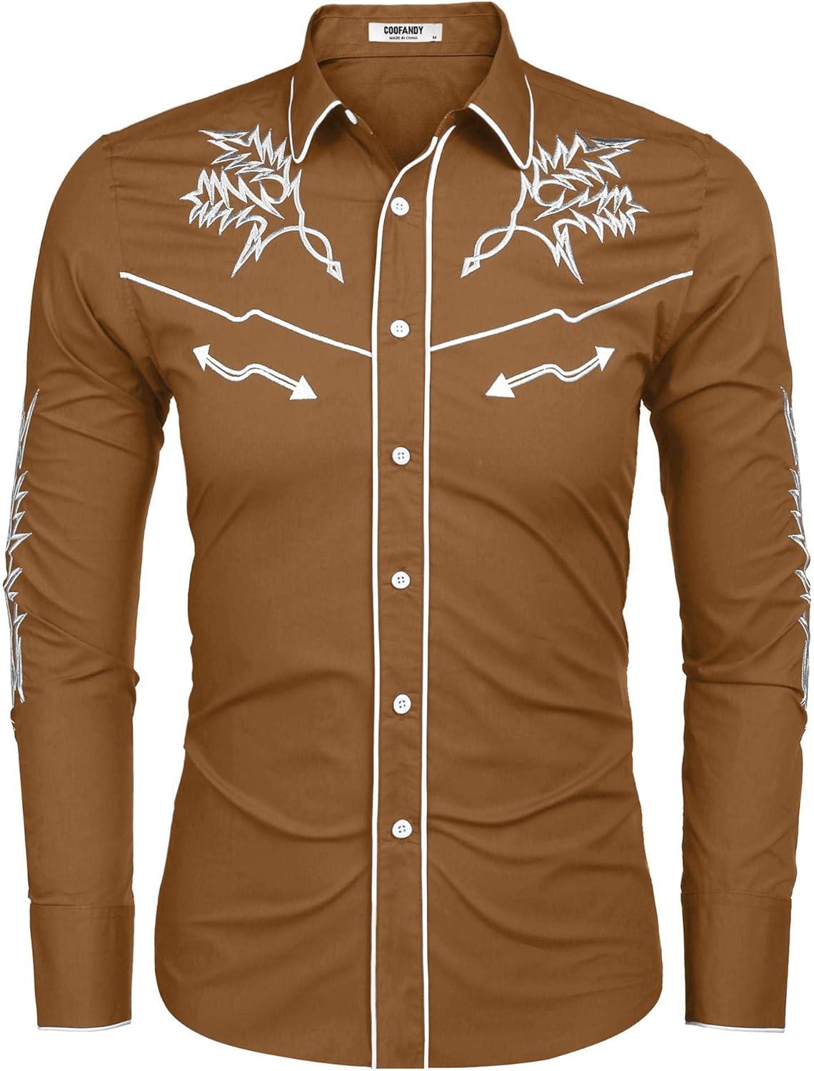imageCOOFANDY Mens Western Cowboy Shirt Long Sleeve Embroidered Shirt Slim Fit Cotton Casual Button Down ShirtLight Brown