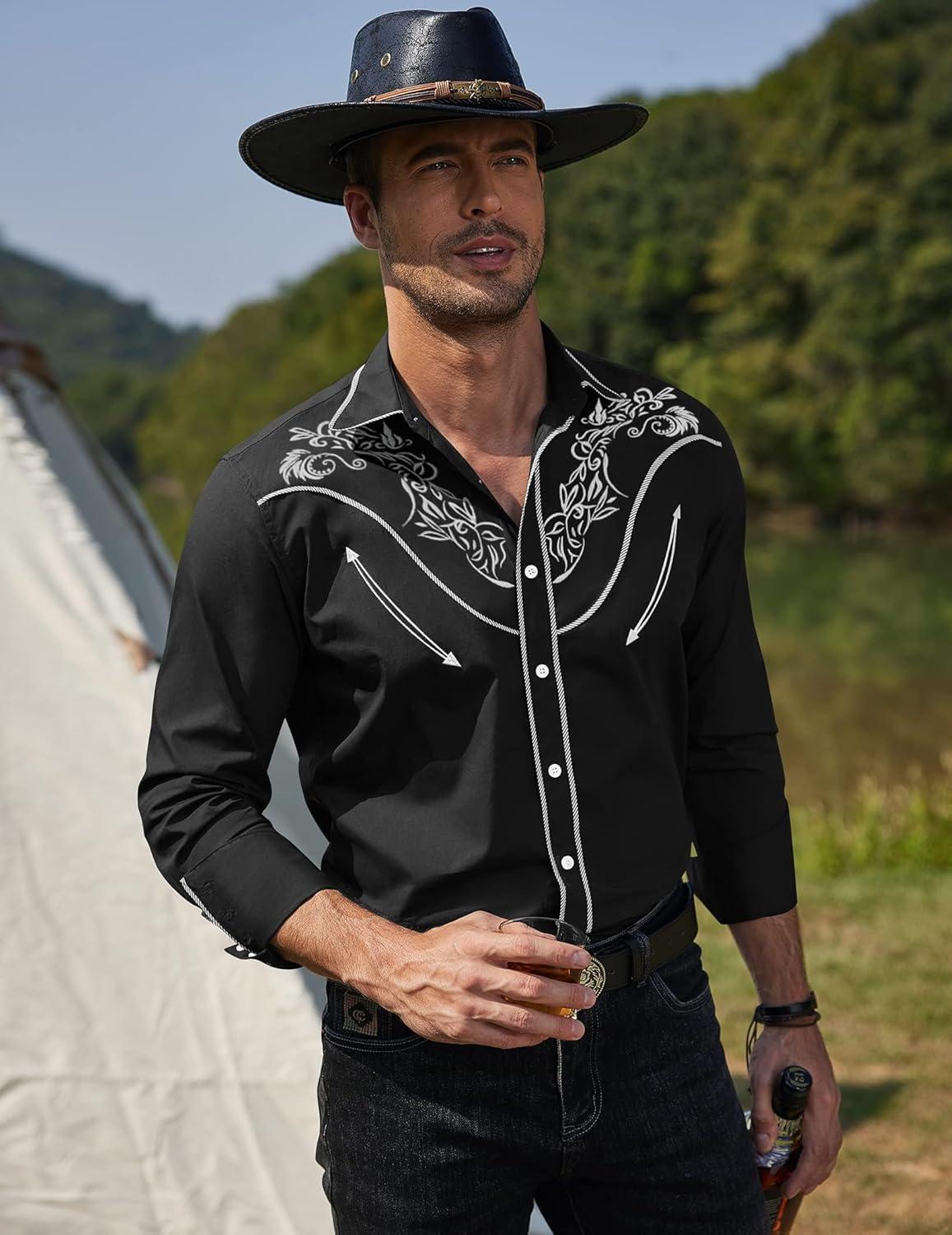imageCOOFANDY Mens Western Cowboy Shirt Long Sleeve Slim Fit Rose Embroidered Cotton Casual Button Down ShirtsBlack