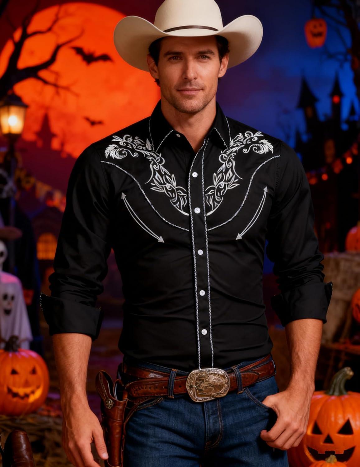 imageCOOFANDY Mens Western Cowboy Shirt Long Sleeve Slim Fit Rose Embroidered Cotton Casual Button Down ShirtsBlack