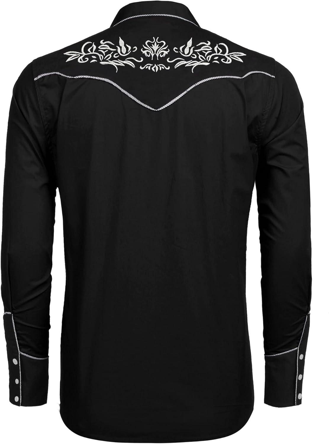 imageCOOFANDY Mens Western Cowboy Shirt Long Sleeve Slim Fit Rose Embroidered Cotton Casual Button Down ShirtsBlack