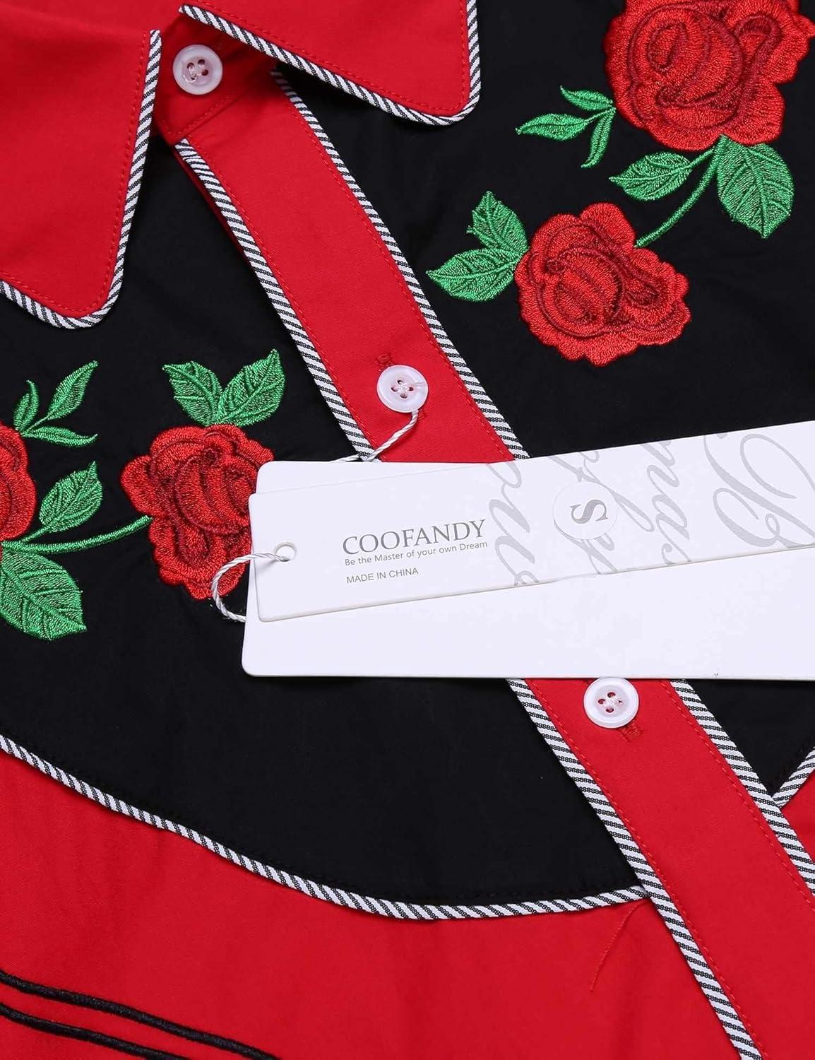 imageCOOFANDY Mens Western Cowboy Shirt Long Sleeve Slim Fit Rose Embroidered Cotton Casual Button Down ShirtsRed Retro Rose