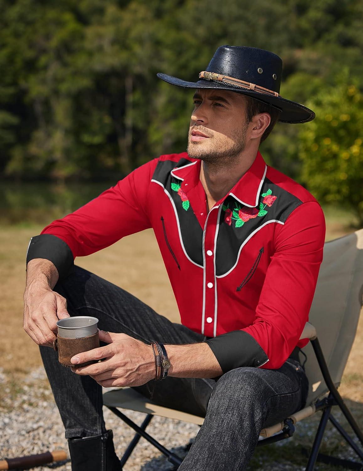 imageCOOFANDY Mens Western Cowboy Shirt Long Sleeve Slim Fit Rose Embroidered Cotton Casual Button Down ShirtsRed Retro Rose