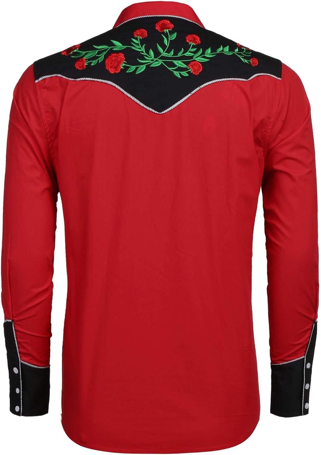 imageCOOFANDY Mens Western Cowboy Shirt Long Sleeve Slim Fit Rose Embroidered Cotton Casual Button Down ShirtsRed Retro Rose