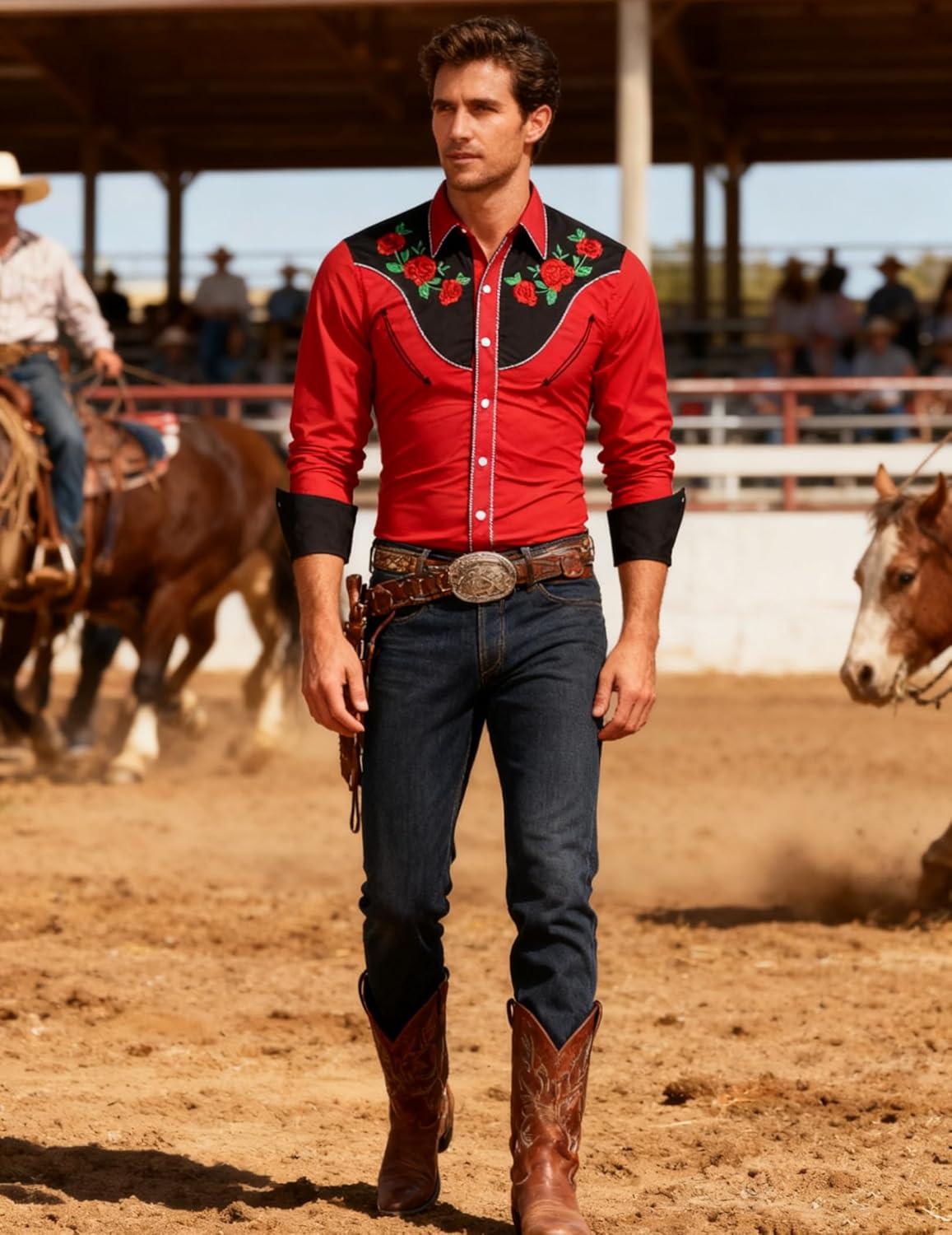 imageCOOFANDY Mens Western Cowboy Shirt Long Sleeve Slim Fit Rose Embroidered Cotton Casual Button Down ShirtsRed Retro Rose