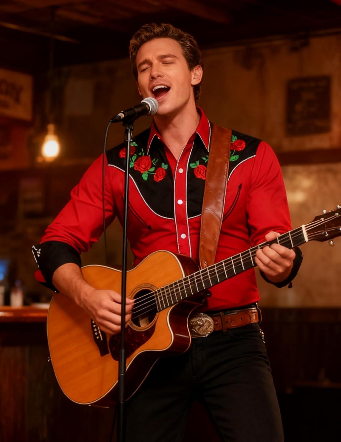 imageCOOFANDY Mens Western Cowboy Shirt Long Sleeve Slim Fit Rose Embroidered Cotton Casual Button Down ShirtsRed Retro Rose