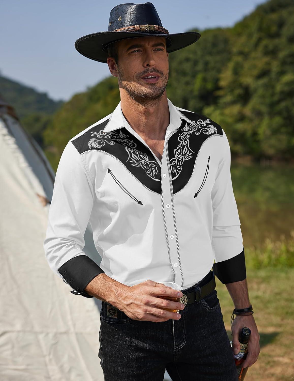 imageCOOFANDY Mens Western Cowboy Shirt Long Sleeve Slim Fit Rose Embroidered Cotton Casual Button Down ShirtsWhite