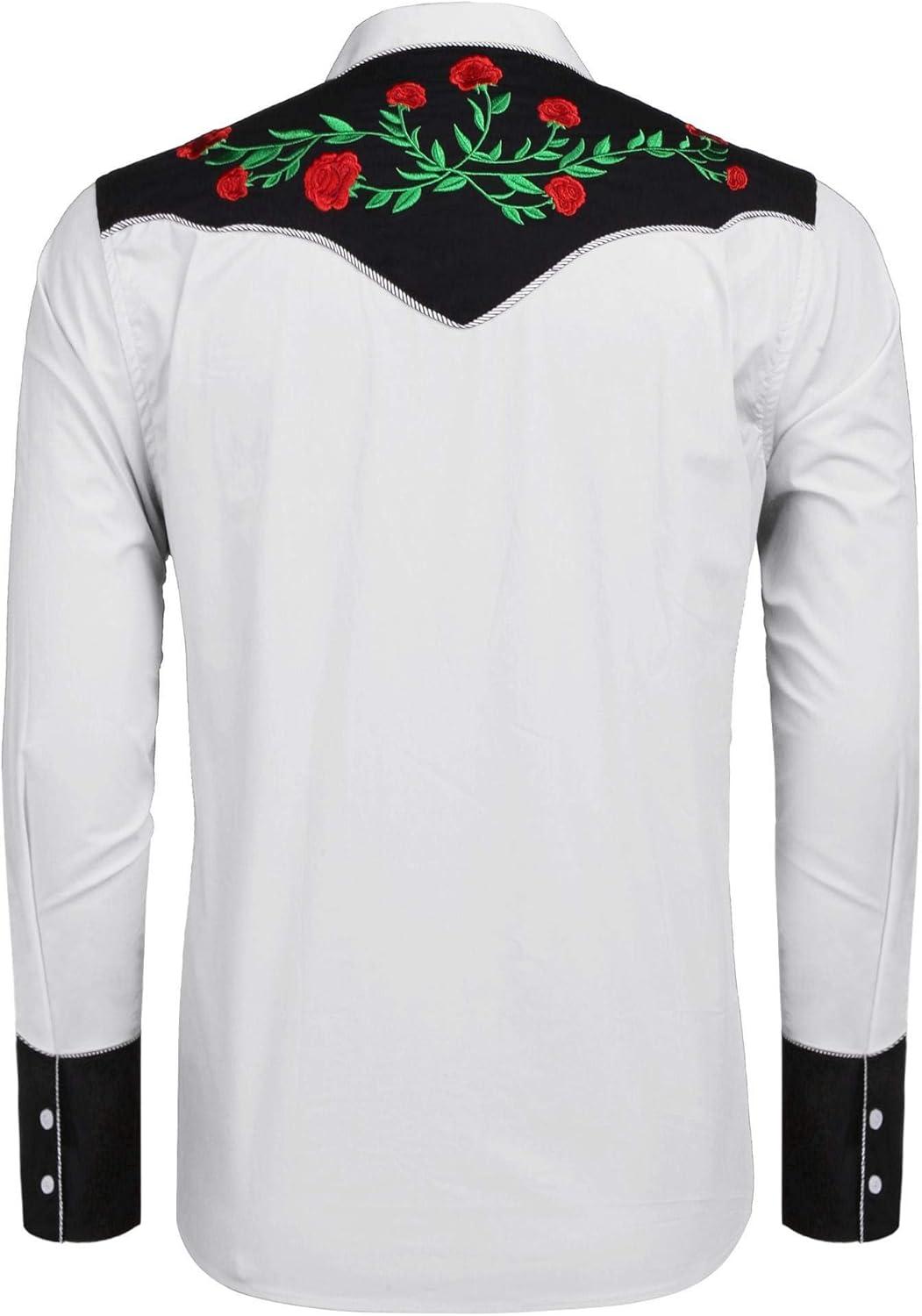 imageCOOFANDY Mens Western Cowboy Shirt Long Sleeve Slim Fit Rose Embroidered Cotton Casual Button Down ShirtsWhite Retro Rose