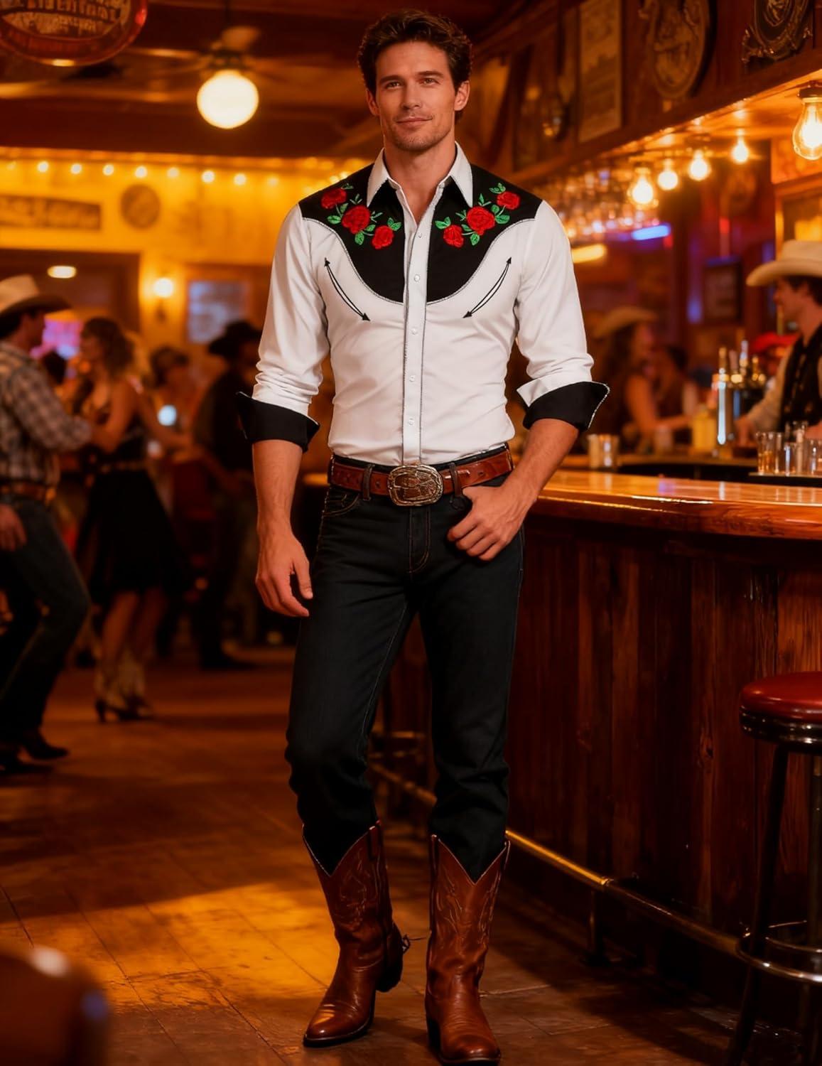 imageCOOFANDY Mens Western Cowboy Shirt Long Sleeve Slim Fit Rose Embroidered Cotton Casual Button Down ShirtsWhite Retro Rose