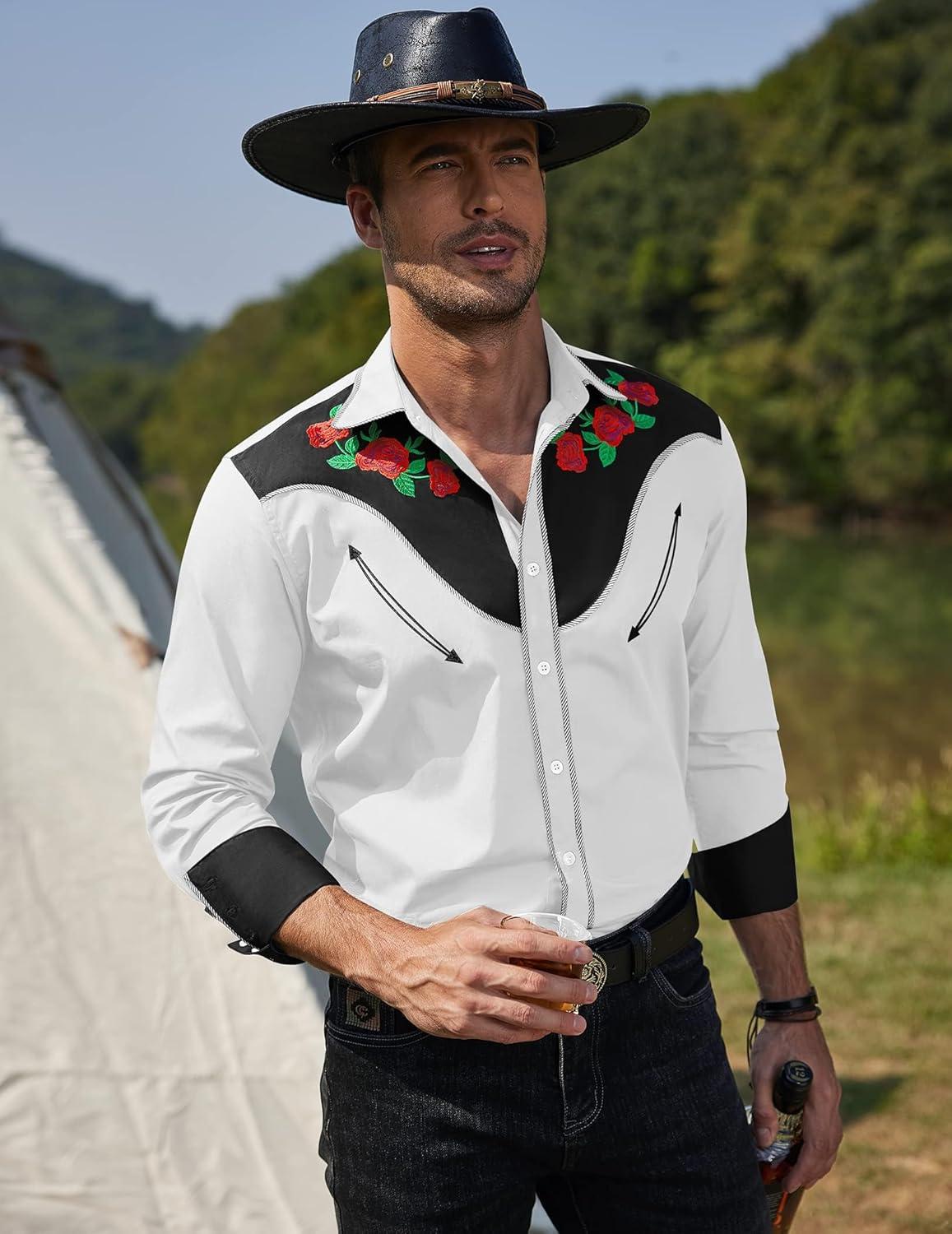 imageCOOFANDY Mens Western Cowboy Shirt Long Sleeve Slim Fit Rose Embroidered Cotton Casual Button Down ShirtsWhite Retro Rose