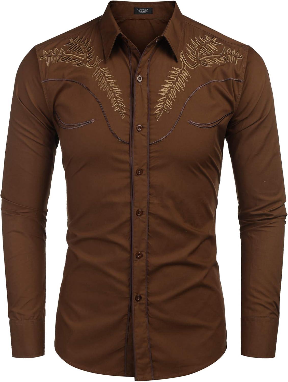 imageCOOFANDY Mens Western Shirts Long Sleeve Embroideres Cowboy Shirts Casual Button Down Shirt01coffeepattern1