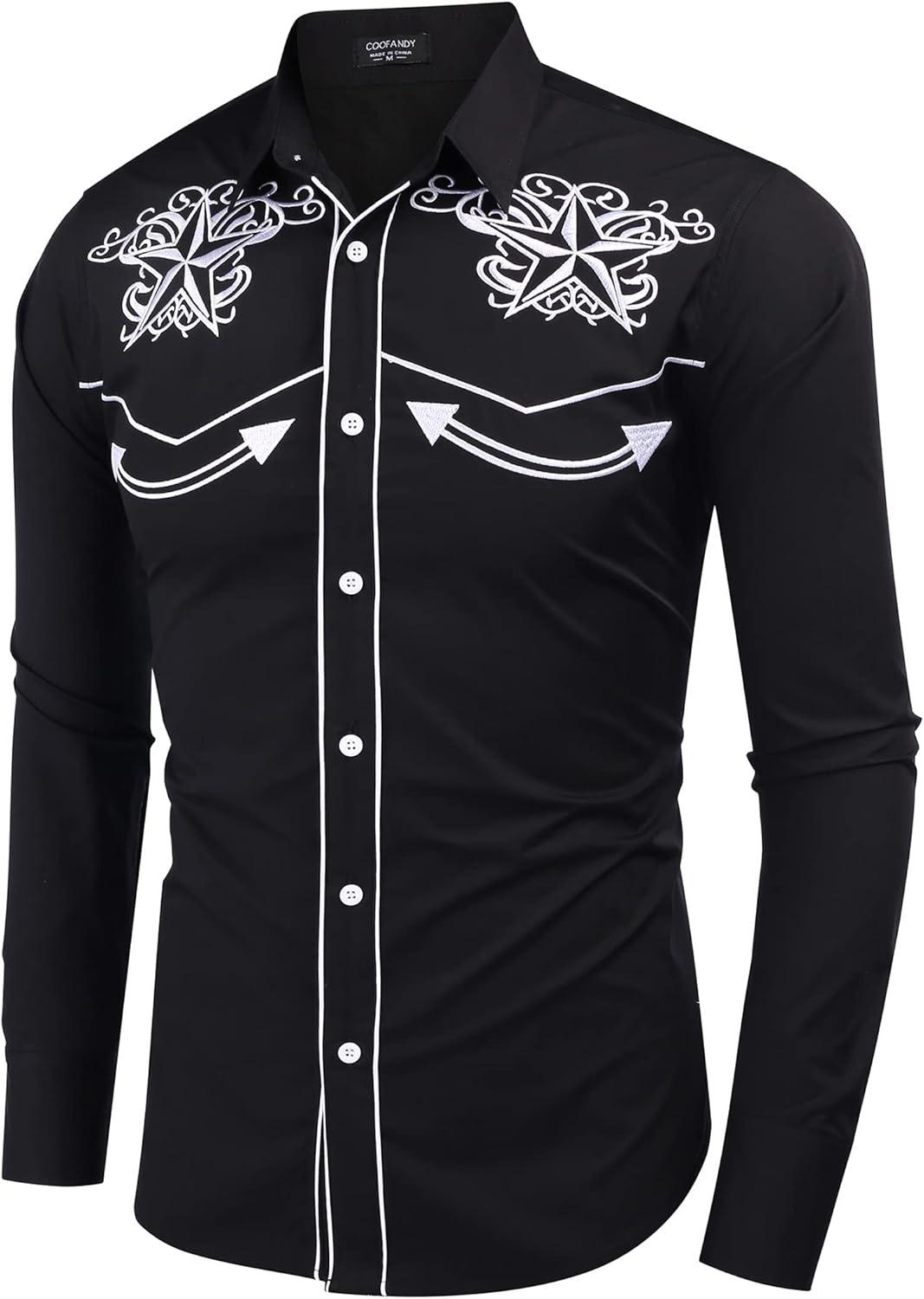 imageCOOFANDY Mens Western Shirts Long Sleeve Embroideres Cowboy Shirts Casual Button Down ShirtBlack White