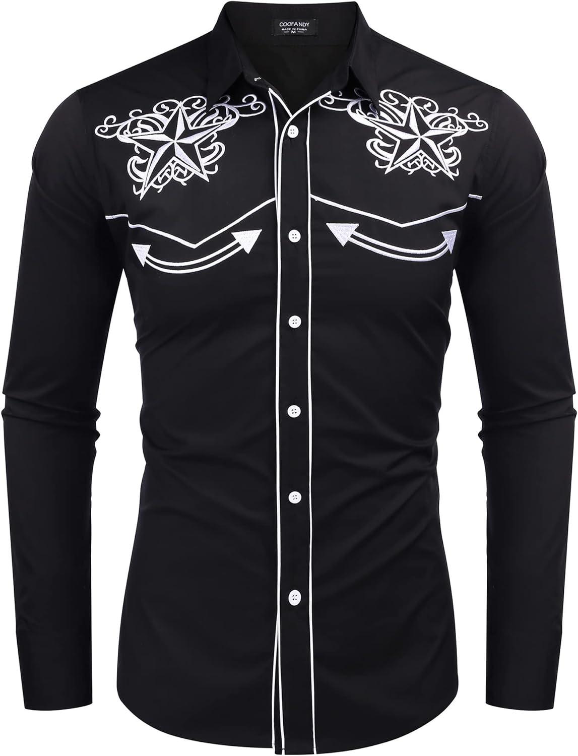 imageCOOFANDY Mens Western Shirts Long Sleeve Embroideres Cowboy Shirts Casual Button Down ShirtBlack White