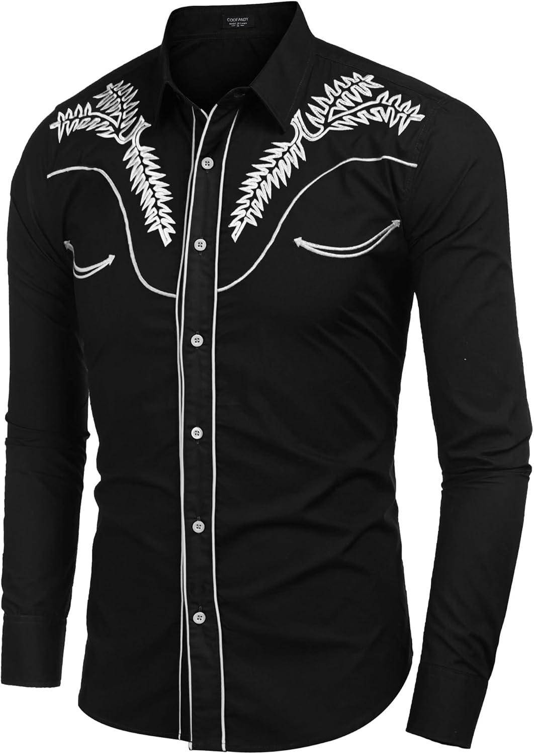 imageCOOFANDY Mens Western Shirts Long Sleeve Embroideres Cowboy Shirts Casual Button Down ShirtBlack Whitepattern1