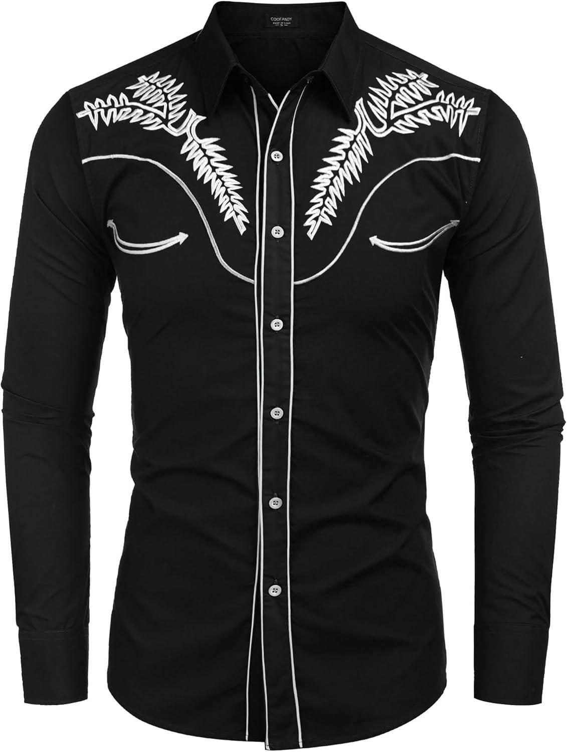 imageCOOFANDY Mens Western Shirts Long Sleeve Embroideres Cowboy Shirts Casual Button Down ShirtBlack Whitepattern1