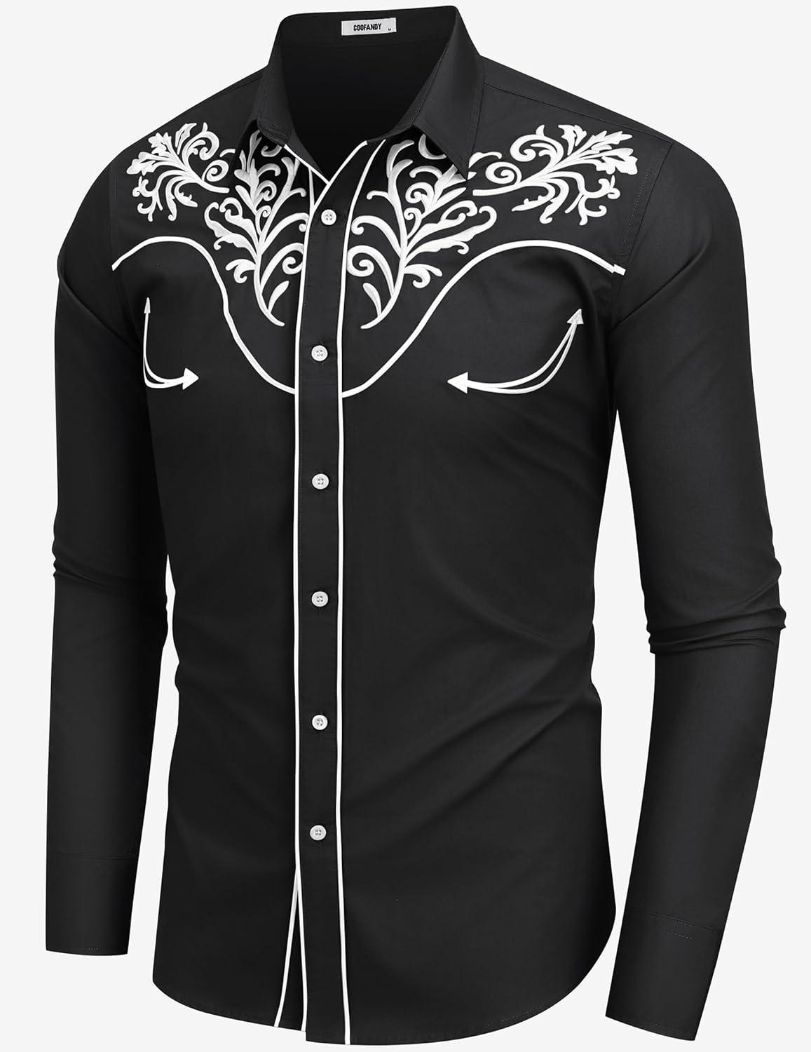 imageCOOFANDY Mens Western Shirts Long Sleeve Embroideres Cowboy Shirts Casual Button Down ShirtBlack Pattern 4