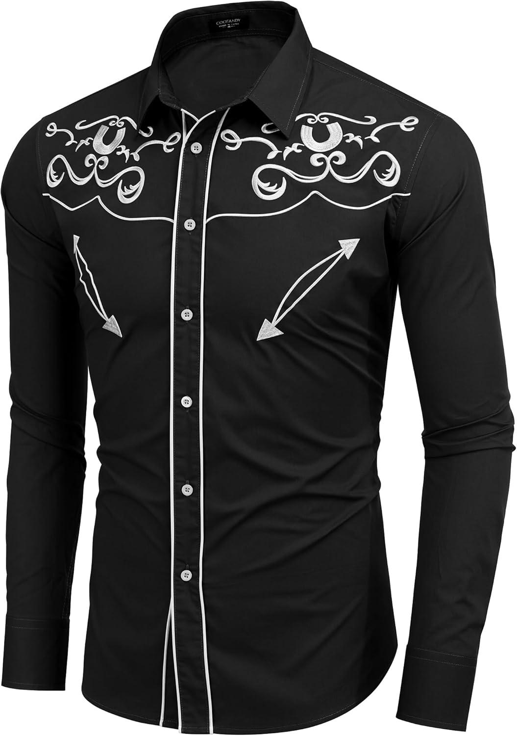 imageCOOFANDY Mens Western Shirts Long Sleeve Embroideres Cowboy Shirts Casual Button Down ShirtBlack Pattern3