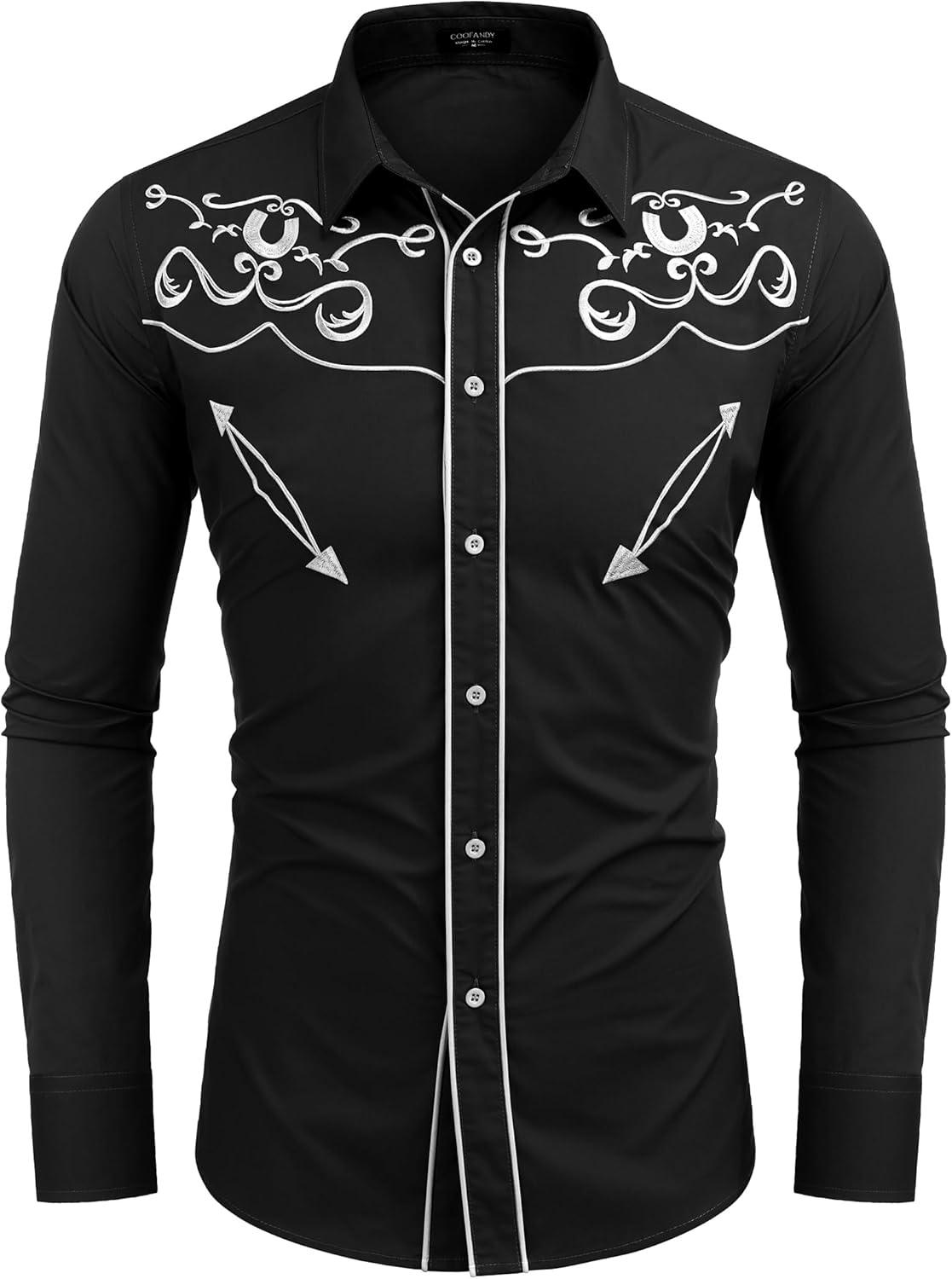 imageCOOFANDY Mens Western Shirts Long Sleeve Embroideres Cowboy Shirts Casual Button Down ShirtBlack Pattern3