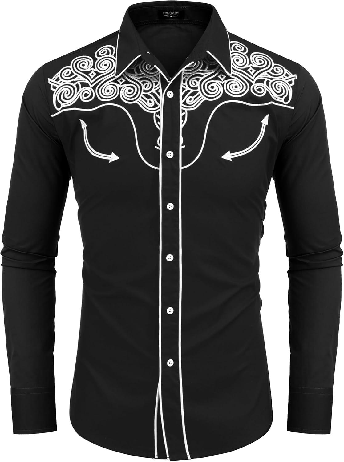 imageCOOFANDY Mens Western Shirts Long Sleeve Embroideres Cowboy Shirts Casual Button Down ShirtBlackpattern2
