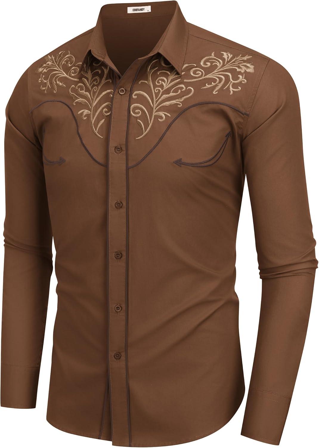 imageCOOFANDY Mens Western Shirts Long Sleeve Embroideres Cowboy Shirts Casual Button Down ShirtBrown Pattern 4