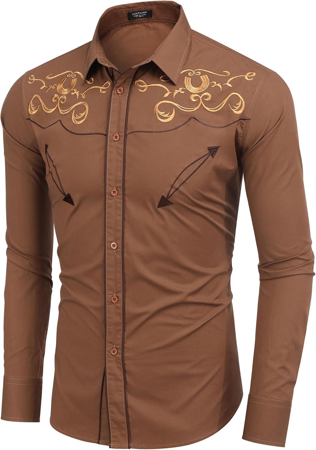 imageCOOFANDY Mens Western Shirts Long Sleeve Embroideres Cowboy Shirts Casual Button Down ShirtBrown Pattern3