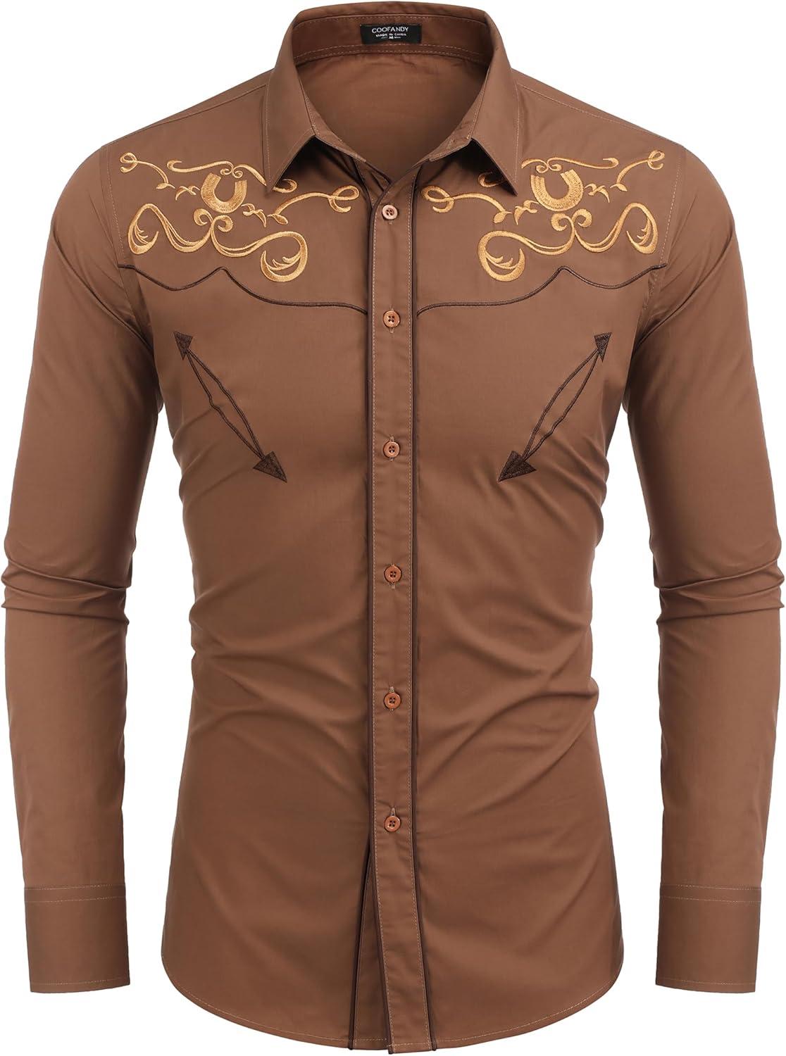 imageCOOFANDY Mens Western Shirts Long Sleeve Embroideres Cowboy Shirts Casual Button Down ShirtBrown Pattern3