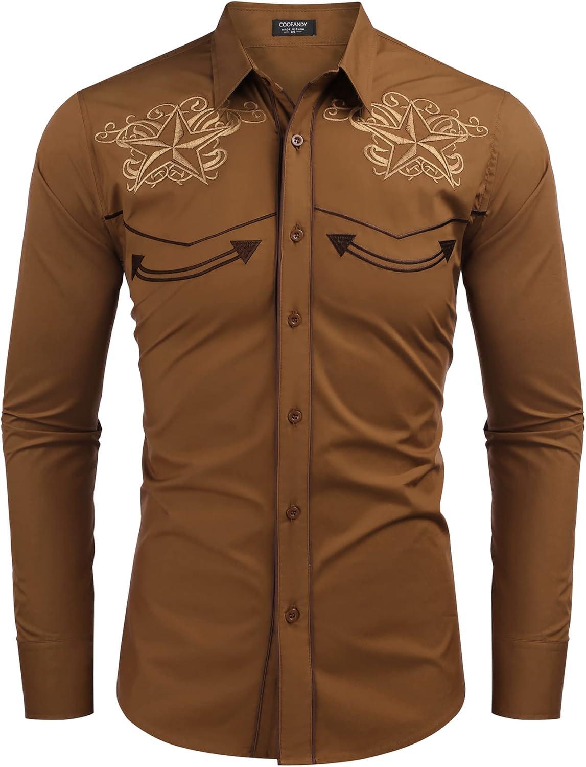 imageCOOFANDY Mens Western Shirts Long Sleeve Embroideres Cowboy Shirts Casual Button Down ShirtBrown Star