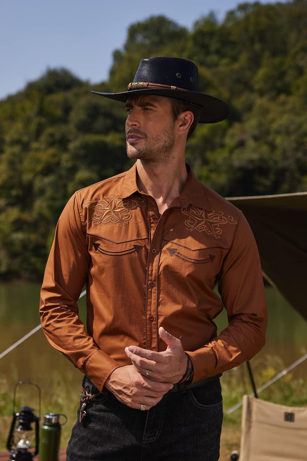 imageCOOFANDY Mens Western Shirts Long Sleeve Embroideres Cowboy Shirts Casual Button Down ShirtBrown Star