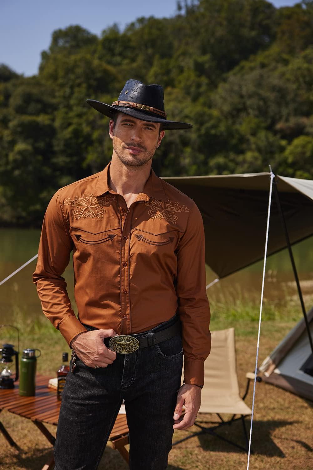 imageCOOFANDY Mens Western Shirts Long Sleeve Embroideres Cowboy Shirts Casual Button Down ShirtBrown Star