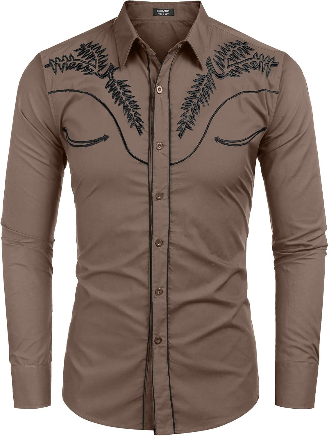 imageCOOFANDY Mens Western Shirts Long Sleeve Embroideres Cowboy Shirts Casual Button Down ShirtKhaki Pattern1