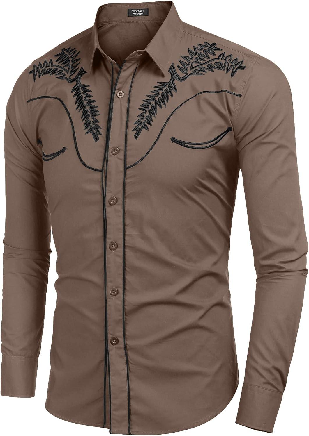 imageCOOFANDY Mens Western Shirts Long Sleeve Embroideres Cowboy Shirts Casual Button Down ShirtKhaki Pattern1