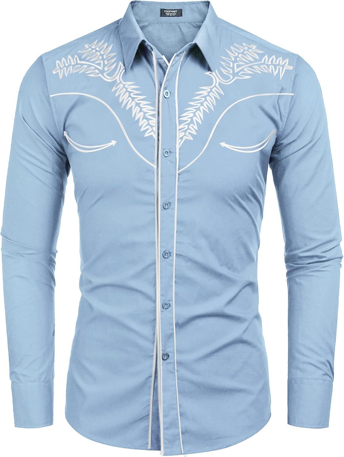 imageCOOFANDY Mens Western Shirts Long Sleeve Embroideres Cowboy Shirts Casual Button Down ShirtLight Blue