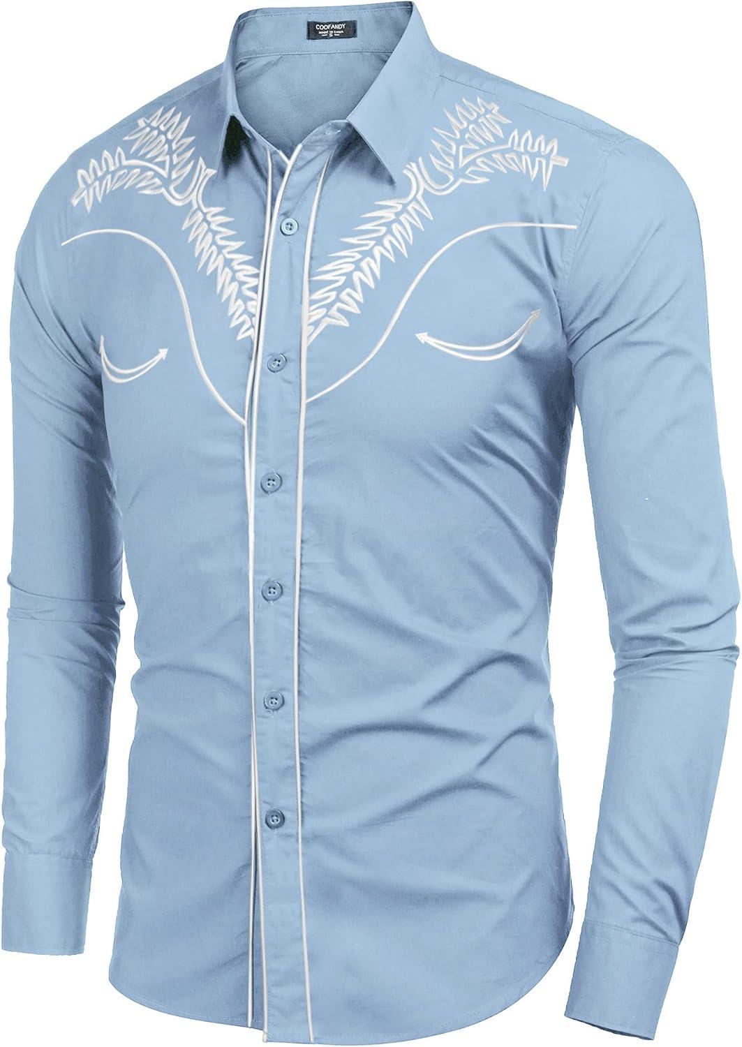 imageCOOFANDY Mens Western Shirts Long Sleeve Embroideres Cowboy Shirts Casual Button Down ShirtLight Blue