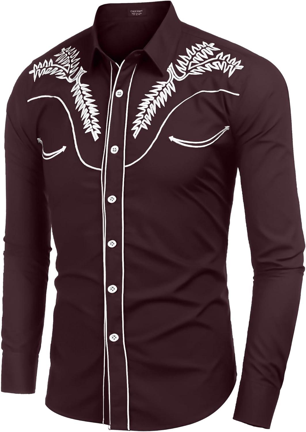 imageCOOFANDY Mens Western Shirts Long Sleeve Embroideres Cowboy Shirts Casual Button Down ShirtWine Redwhite
