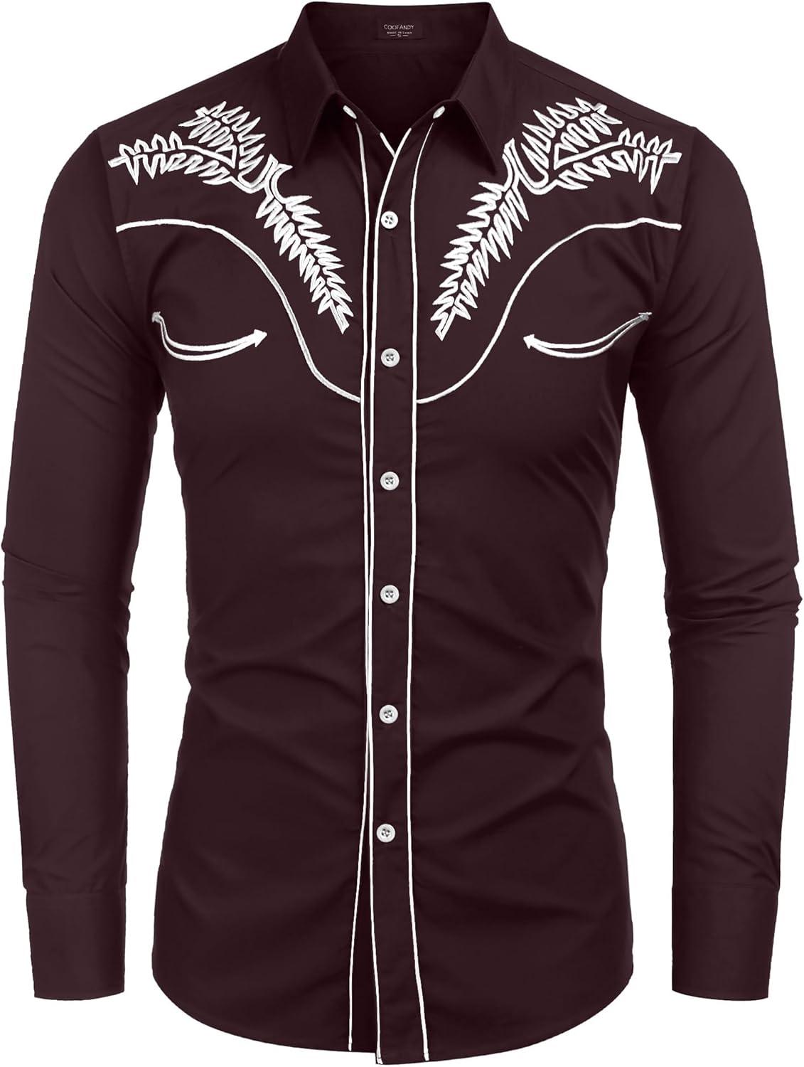 imageCOOFANDY Mens Western Shirts Long Sleeve Embroideres Cowboy Shirts Casual Button Down ShirtWine Redwhite