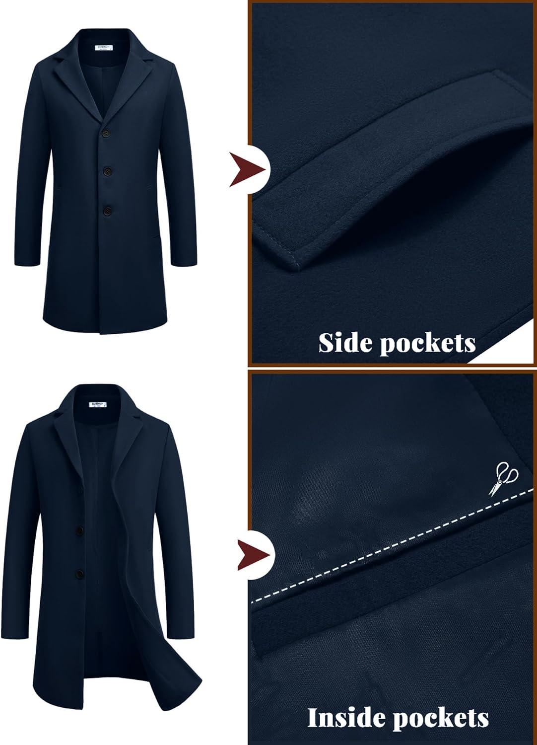 imageCOOFANDY Mens Wool Blend Coat Winter Trench Coats Notched Lapel Collar Single Breasted Overcoat Classic Peacoat With PocketsNavy