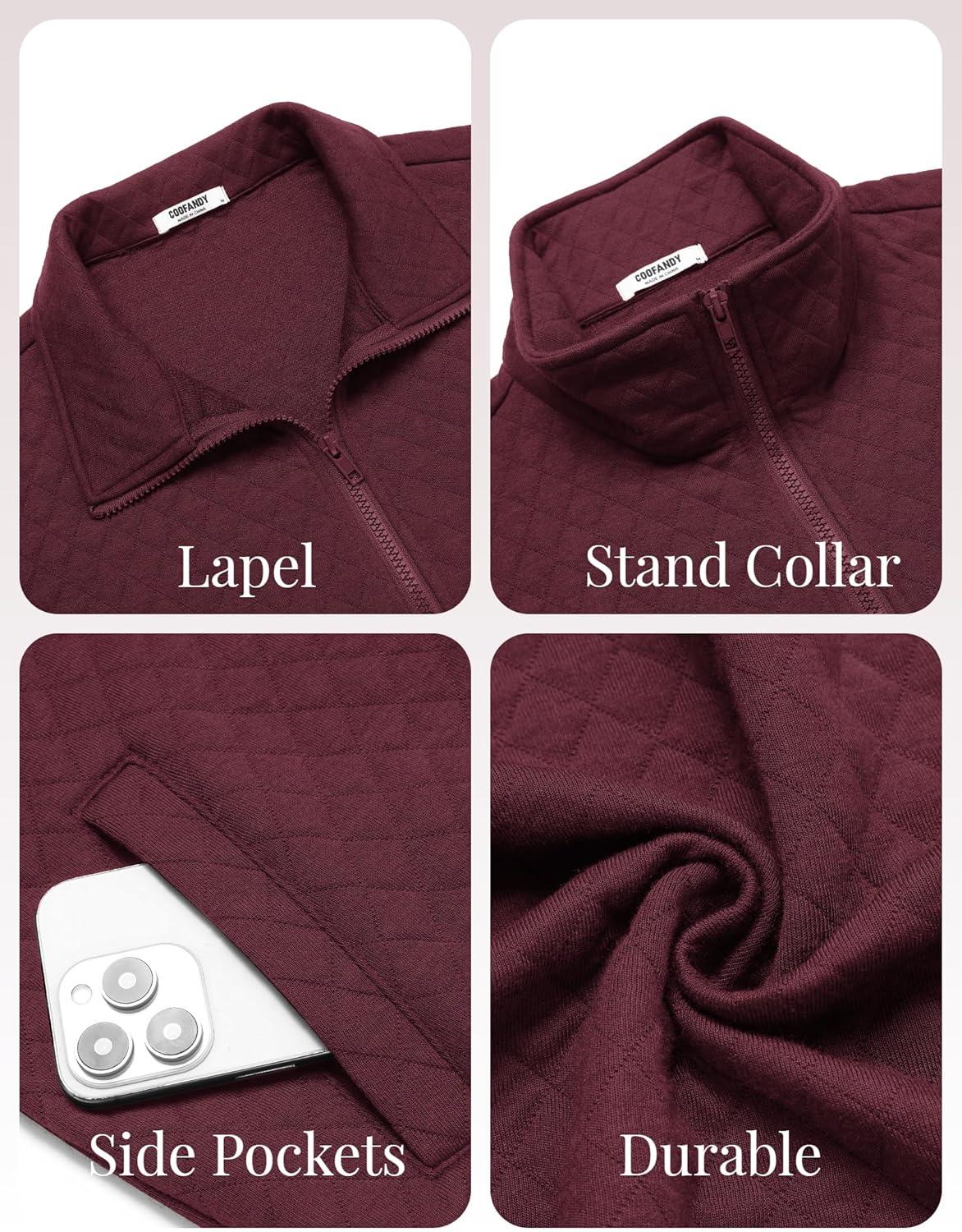 imageCOOFANDY Mens Zip Up Sweatshirt Mock Neck Quilted Jacket Casual Lightweight Sweater Jackets with PocketDark Red