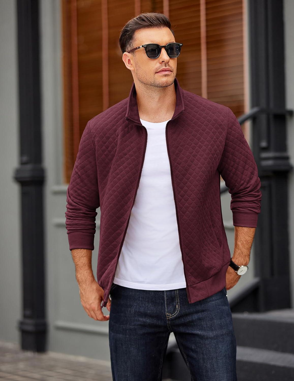 imageCOOFANDY Mens Zip Up Sweatshirt Mock Neck Quilted Jacket Casual Lightweight Sweater Jackets with PocketDark Red