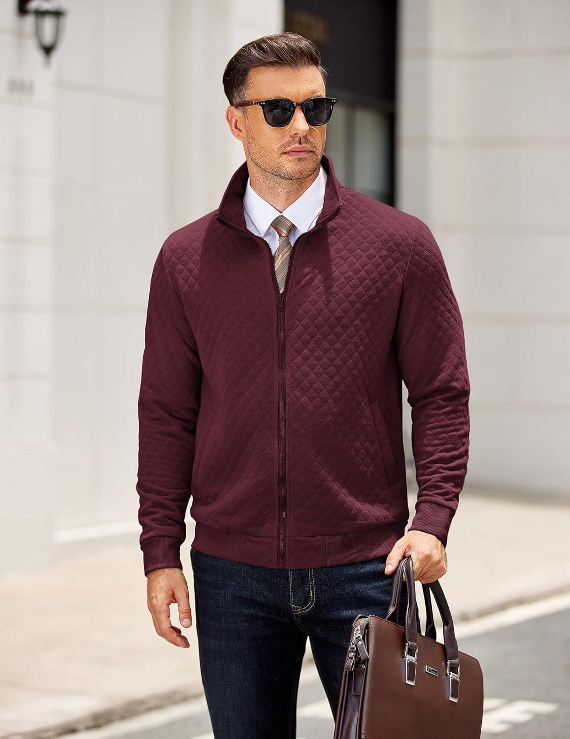 imageCOOFANDY Mens Zip Up Sweatshirt Mock Neck Quilted Jacket Casual Lightweight Sweater Jackets with PocketDark Red