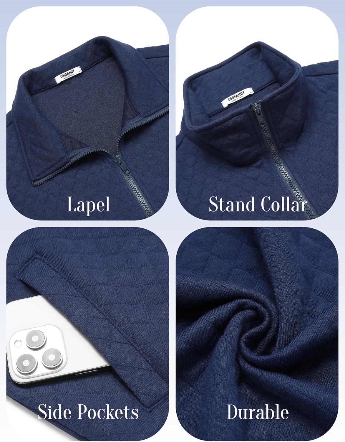 imageCOOFANDY Mens Zip Up Sweatshirt Mock Neck Quilted Jacket Casual Lightweight Sweater Jackets with PocketNavy Blue