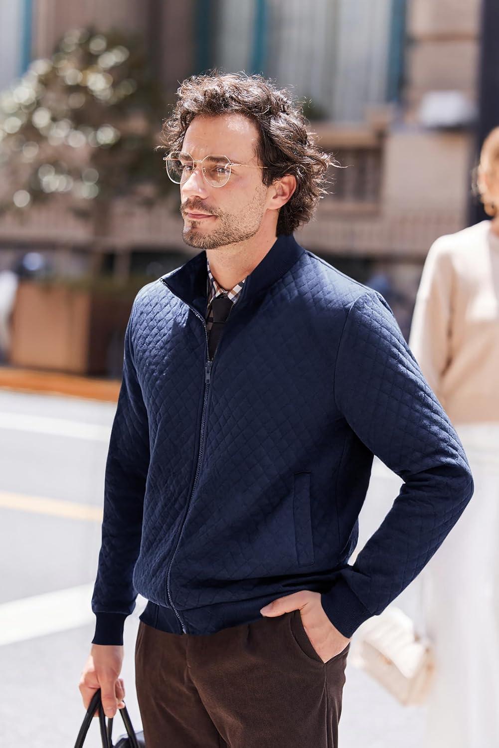 imageCOOFANDY Mens Zip Up Sweatshirt Mock Neck Quilted Jacket Casual Lightweight Sweater Jackets with PocketNavy Blue