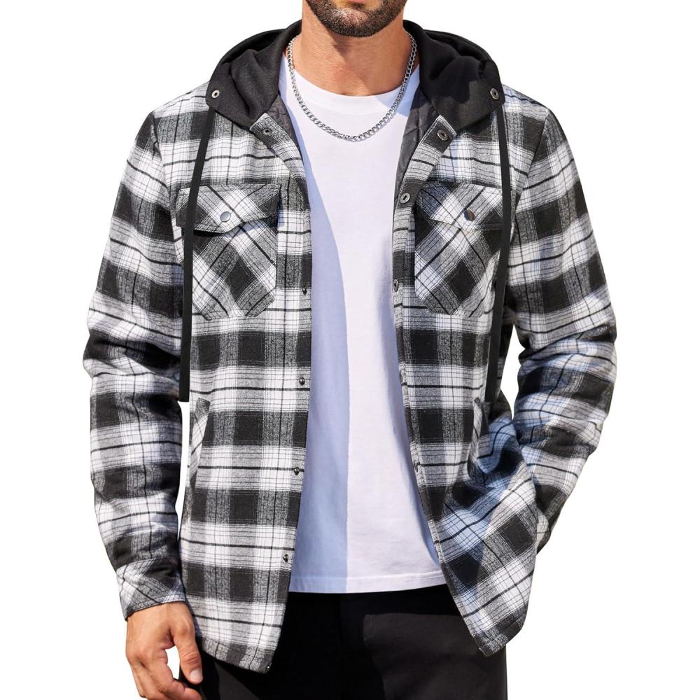 imageCOOFANDY Flannel Jacket for Men Quilted Lined Shacket Long Sleeve Button Down Hoodie Shirt JacketsBlack White PlaidBuffalo Check