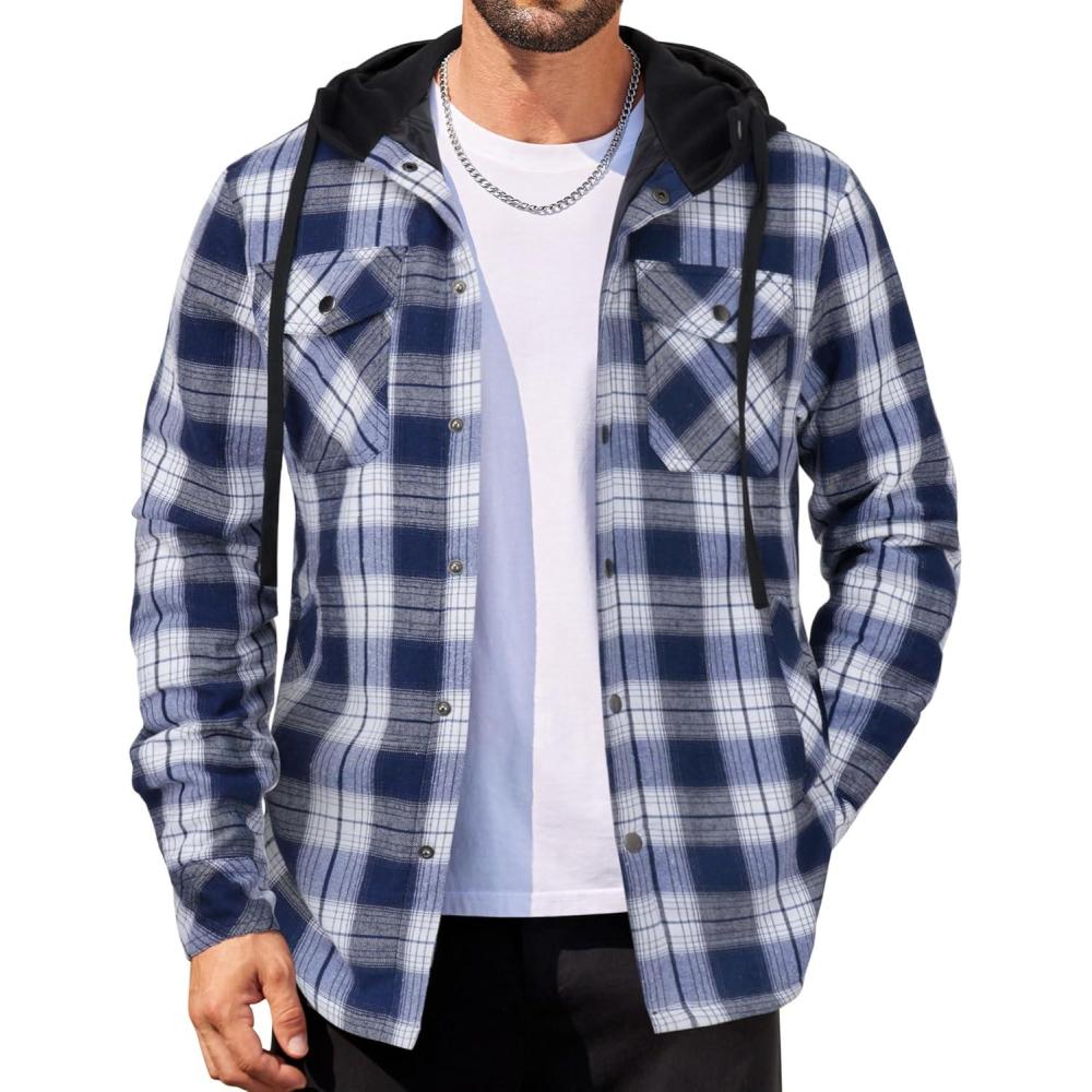 imageCOOFANDY Flannel Jacket for Men Quilted Lined Shacket Long Sleeve Button Down Hoodie Shirt JacketsNavy White Plaid