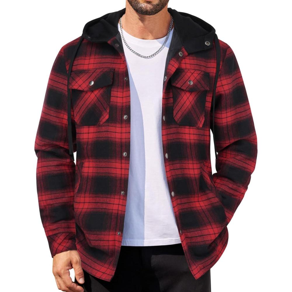 imageCOOFANDY Flannel Jacket for Men Quilted Lined Shacket Long Sleeve Button Down Hoodie Shirt JacketsRed Black PlaidBuffalo Plaid