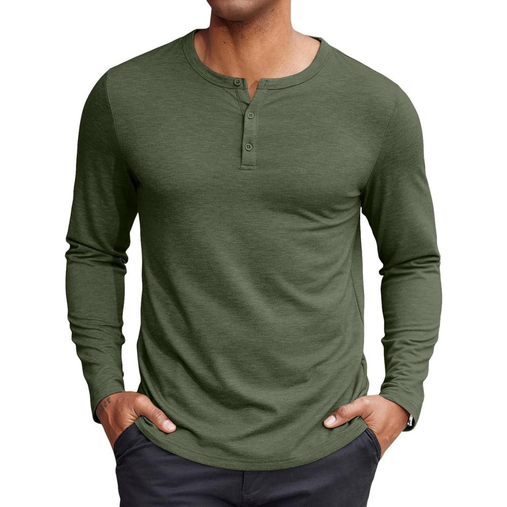 imageCOOFANDY Henley Shirts for Men Long Sleeve T Shirts Textured Casual Stretch Fashion Pullover Lightweight Fall TopsArmy Green
