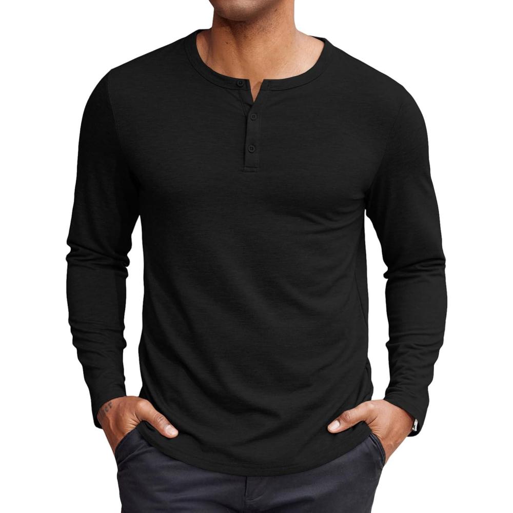 imageCOOFANDY Henley Shirts for Men Long Sleeve T Shirts Textured Casual Stretch Fashion Pullover Lightweight Fall TopsBlack